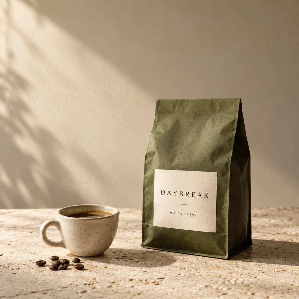 Daybreak house blend coffee and a ceramic espresso cup in natural window light